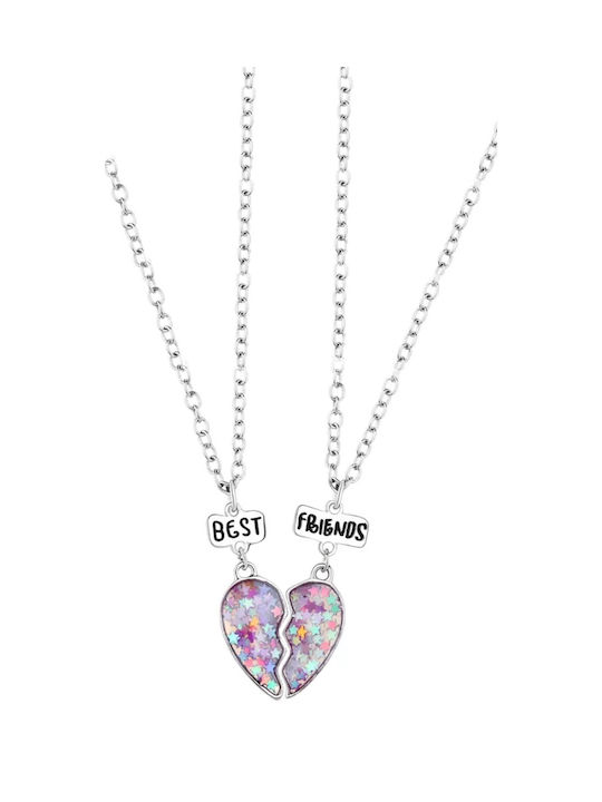 Handmade friendship necklace set of 2 pieces silver metallic heart with colorful stars Best Friends (tatu moyo)