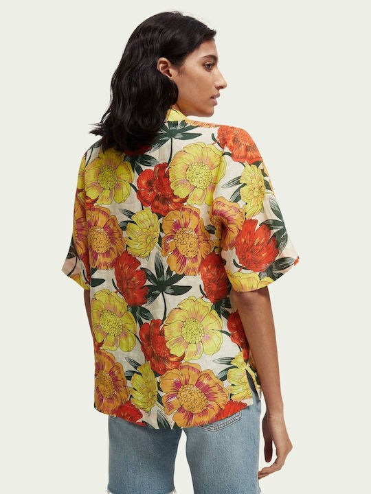 Scotch & Soda Hawaiian Women's Linen Floral Short Sleeve Shirt Orange