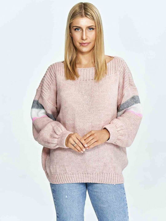 Figl M909 Damen Langarm Pullover Wolle Gestreift Rosa