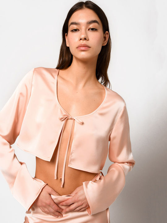 Gwyneth Damen Sommer Crop Top Satin Langarm Rosa