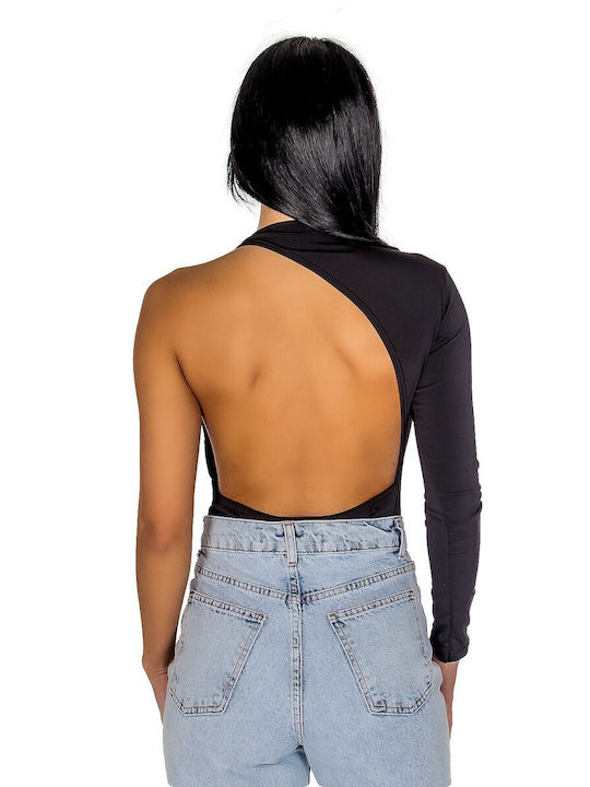 Silia D One Shoulder Bodysuit with Open Back Black