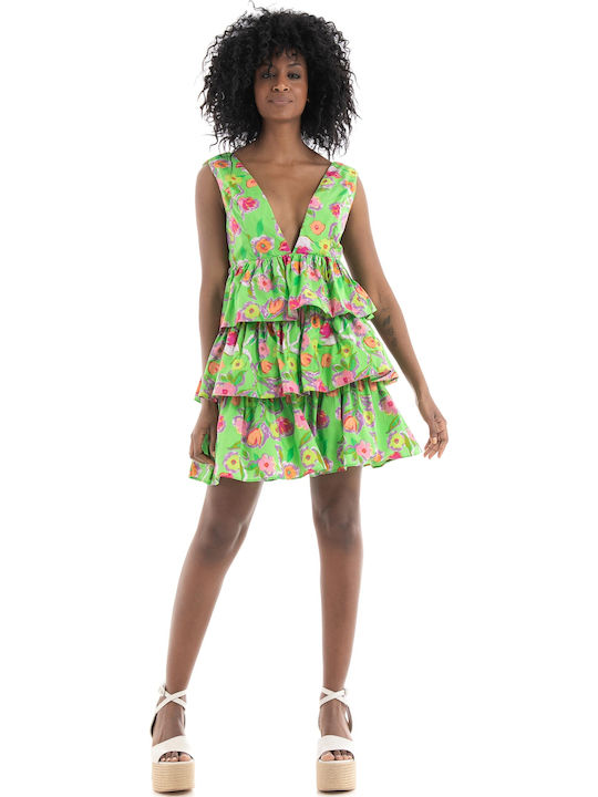 Summer Mini Dress with Ruffles Green