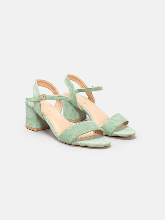 InShoes Suede Women's Sandals with Ankle Strap Green with Chunky Medium Heel