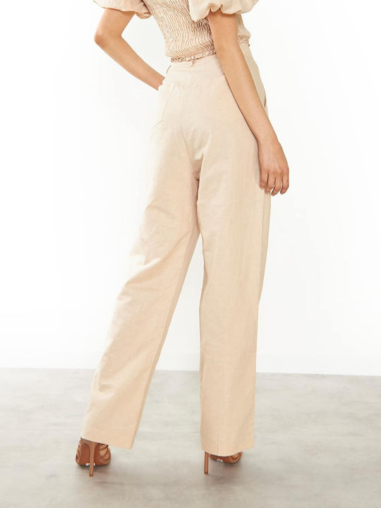 Women's High-waisted Fabric Trousers Flared Regular Fit Beige