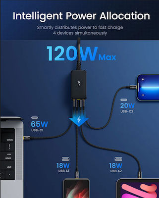 Încărcător Fără Cablu GaN cu 2 Porturi USB-A și 2 Porturi USB-C 120W Livrarea energiei Negruς (AOHi Magcube AOC-C006)