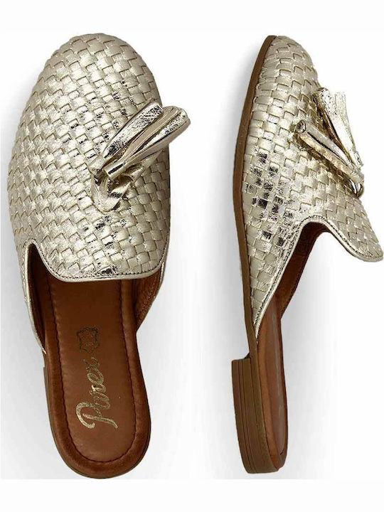 Flach Leder Mules in Gold Farbe