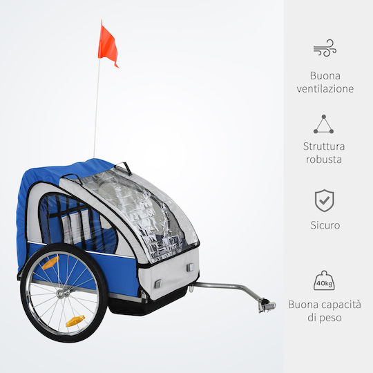 Homcom Kindliches Anhänger Fahrrad 2 Sitzplätze Sicherheitsgurte Stahl Blau Oxford Stoff