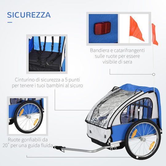 Homcom Kindliches Anhänger Fahrrad 2 Sitzplätze Sicherheitsgurte Stahl Blau Oxford Stoff