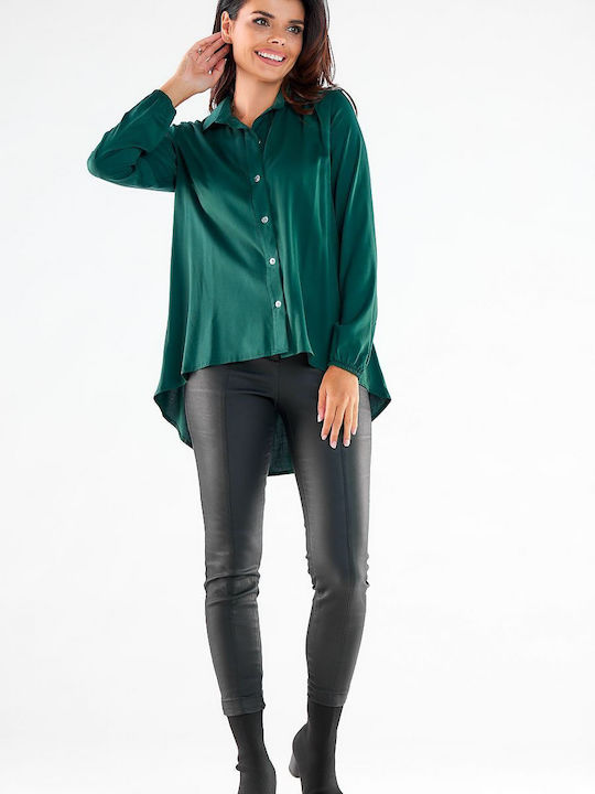 Awama A527 Women's Leather Monochrome Long Sleeve Shirt Green