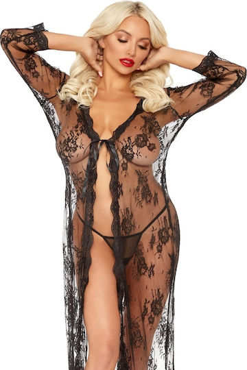 Leg Avenue Long Lace Robe with G-String Sexy Set mit Robe Schwarz