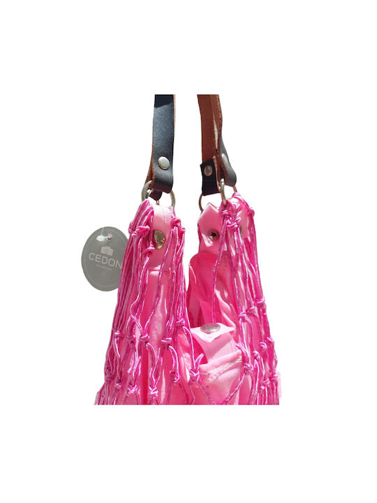 Pink shopping bag with Cedon net and leather handle 30cm