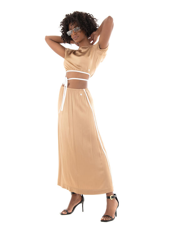 Deha Damen Sommer Crop Top Satin Kurzarm Beige