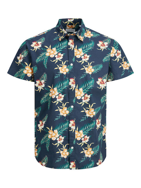 Kurzärmlig Baumwolle Hemd Blumen Marineblau