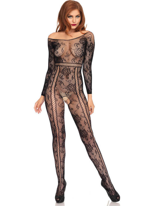 Leg Avenue Bodystocking Sexy Plasă Cu Deschidere La Partea Inferioară Negru