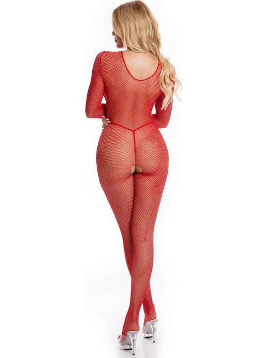 Pink Lipstick Lingerie Ολόσωμο Καλσόν Διχτυωτό με Ανοιχτό Καβάλο Κόκκινο