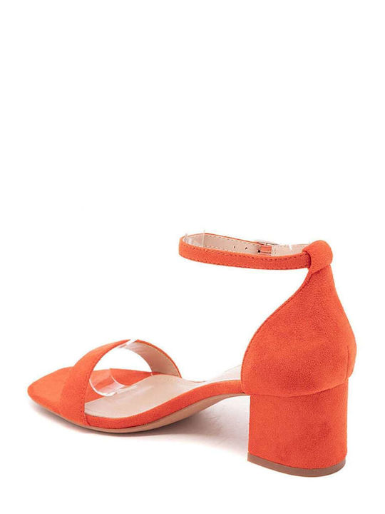 Keep Fred Suede Women's Sandals with Ankle Strap Orange with Chunky Medium Heel