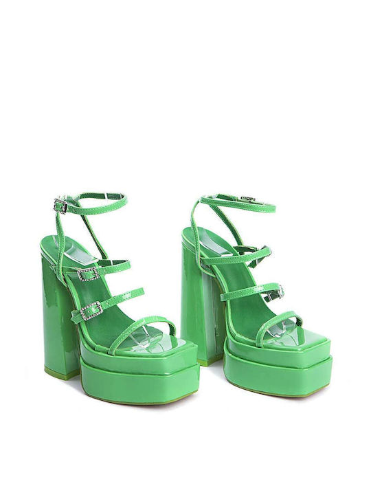 Keep Fred Platform Patent Leather Women's Sandals Green with Chunky High Heel