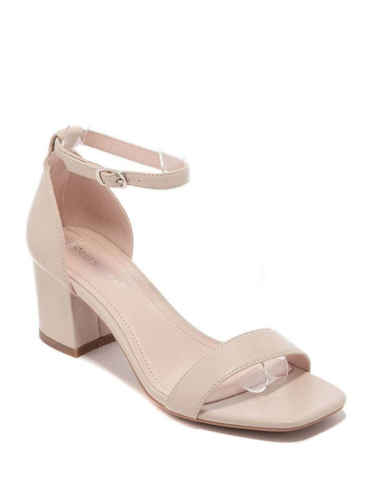 Keep Fred Synthetic Leather Women's Sandals with Ankle Strap Beige with Chunky Medium Heel