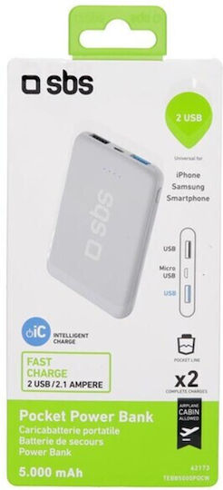 SBS ‎Pocket Line Power Bank 5000mAh με 2 Θύρες USB-A Λευκό