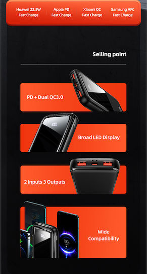 Usams PB58 Power Bank 10000mAh with 2 USB-A Ports and USB-C Port Power Delivery / Quick Charge 3.0 Black