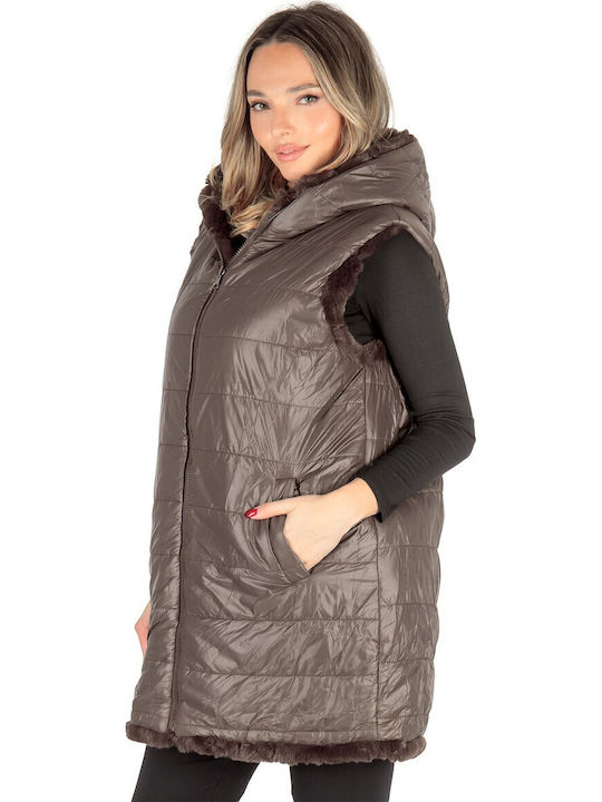 Women's Sleeveless Long Fur Brown