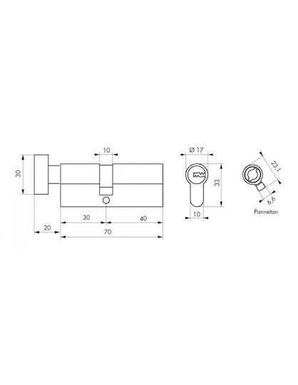 Thirard Lock Cylinder Security 70mm (30-40) with Knob and 5 Keys Silver