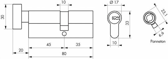 Thirard Lock Cylinder Security 80mm (35-45) with Knob and 5 Keys Silver