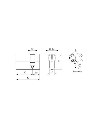 Thirard Lock Cylinder Half 40mm (30-10) with 3 Keys Silver