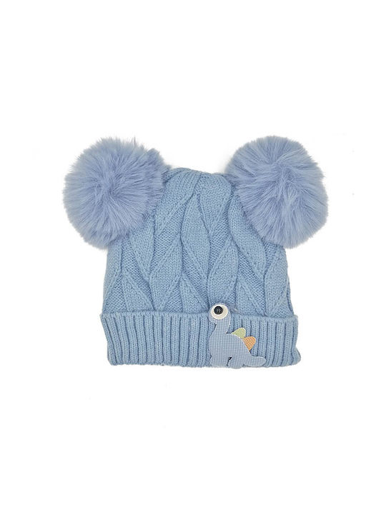 Kids Knitted Beanie with Double Pom Pom Dinosaurs 00067 - Blue