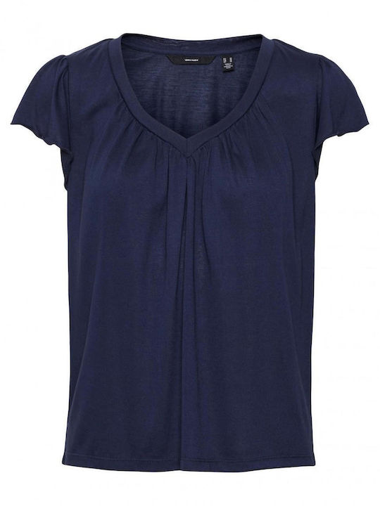 Vero Moda Damen Sommer Bluse Kurzärmelig mit V-Ausschnitt Navy Blazer