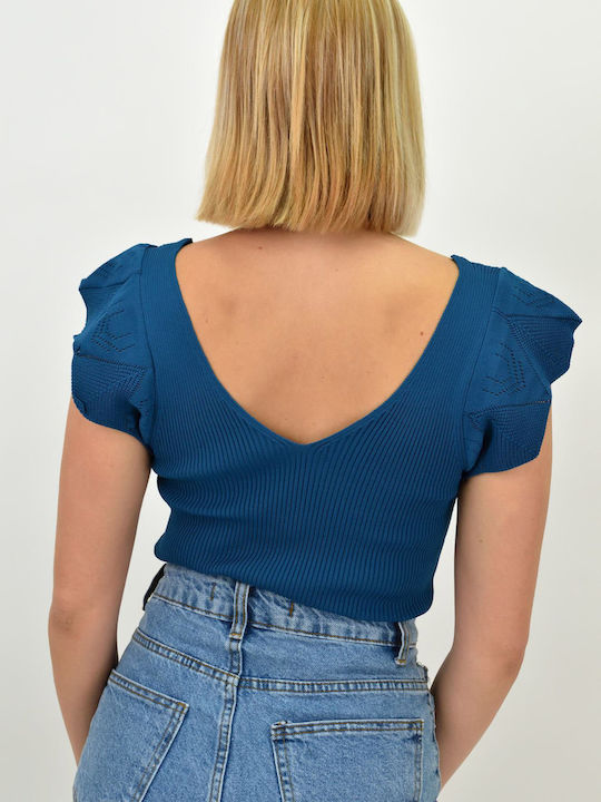Potre Damen Sommer Bluse Kurzärmelig mit V-Ausschnitt Blau
