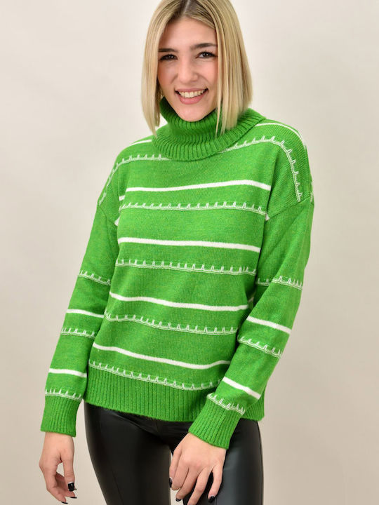 Potre Women's Long Sleeve Sweater Turtleneck Striped Green