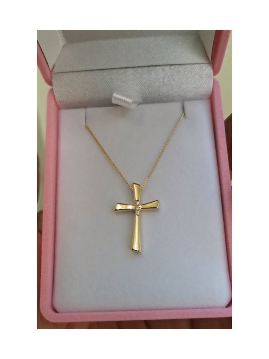 Baptismal Cross for Girls, 14k Gold with White Stones and 14k Gold Chain