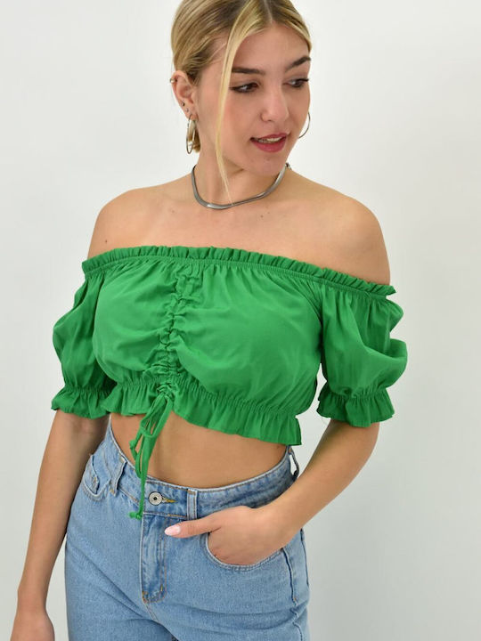Women's Summer Crop Top Off-Shoulder Short Sleeve Green