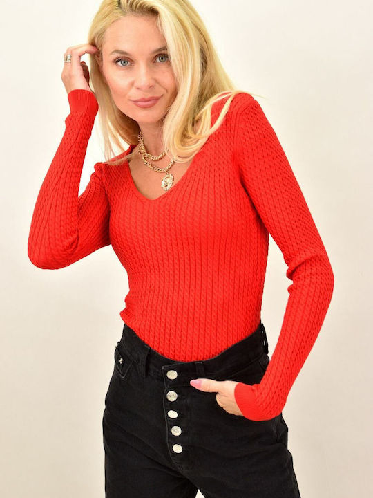 Potre Women's Blouse Long Sleeve with V Neckline Red