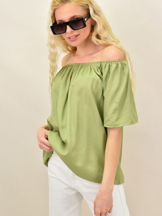 Potre Women's Summer Blouse Cotton Off-Shoulder Short Sleeve Green