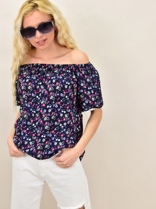 Potre Women's Summer Blouse Cotton Off-Shoulder with 3/4 Sleeve Floral Navy Blue