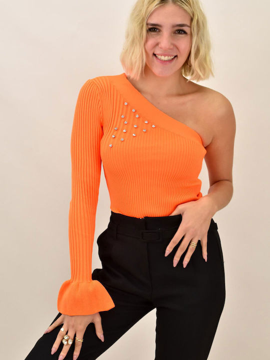 Potre Damen Pullover Eine Schulter Orange