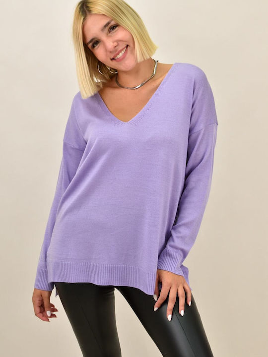 Potre Women's Long Sleeve Sweater with V Neckline Lilacc