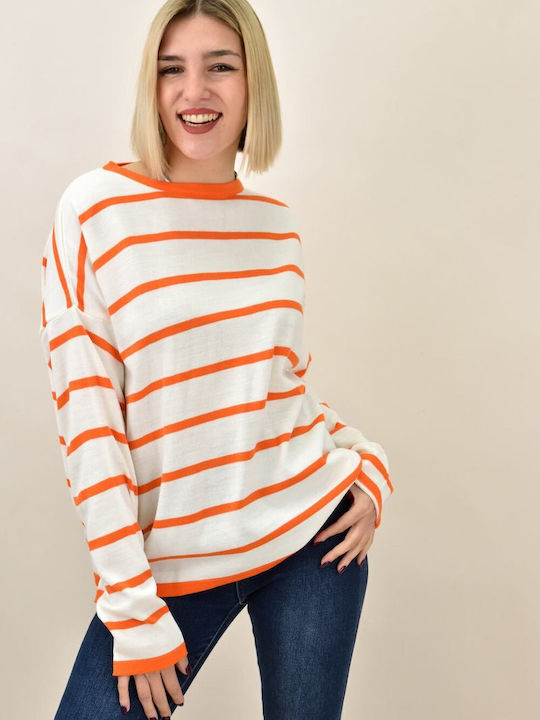 Potre Women's Long Sleeve Sweater Striped Orange