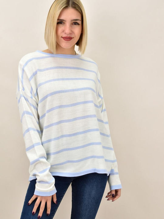 Potre Women's Long Sleeve Sweater Striped Light Blue