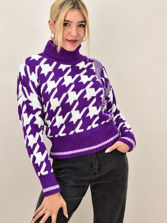 Potre Women's Long Sleeve Sweater Woolen Turtleneck Purple