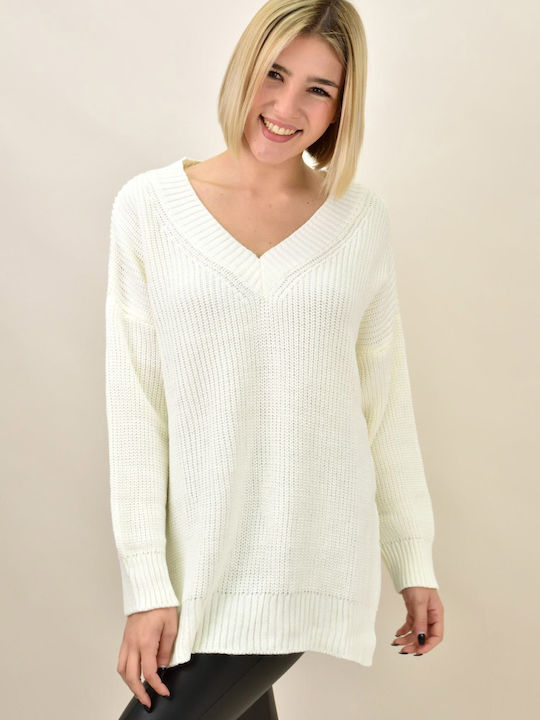 Potre Women's Long Sleeve Sweater with V Neckline White