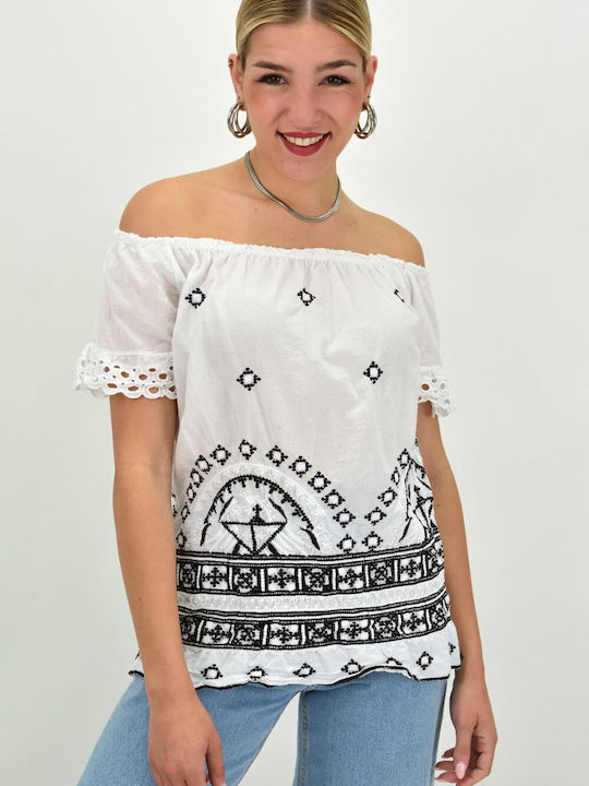 Potre Damen Sommer Bluse Baumwolle Schulterfrei Kurzärmelig Weiß