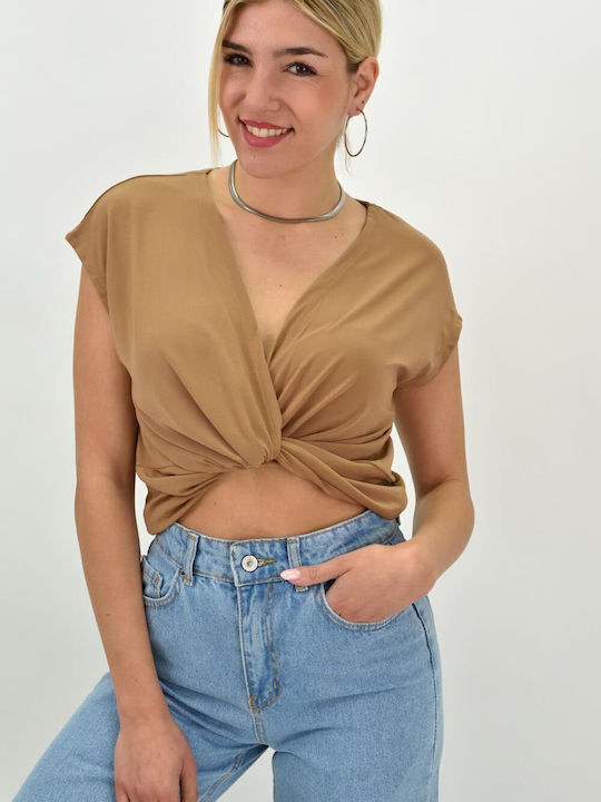 Women's Summer Crop Top Short Sleeve with V Neckline Brown