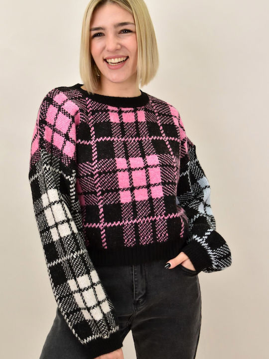 Potre Women's Long Sleeve Sweater Checked Pink