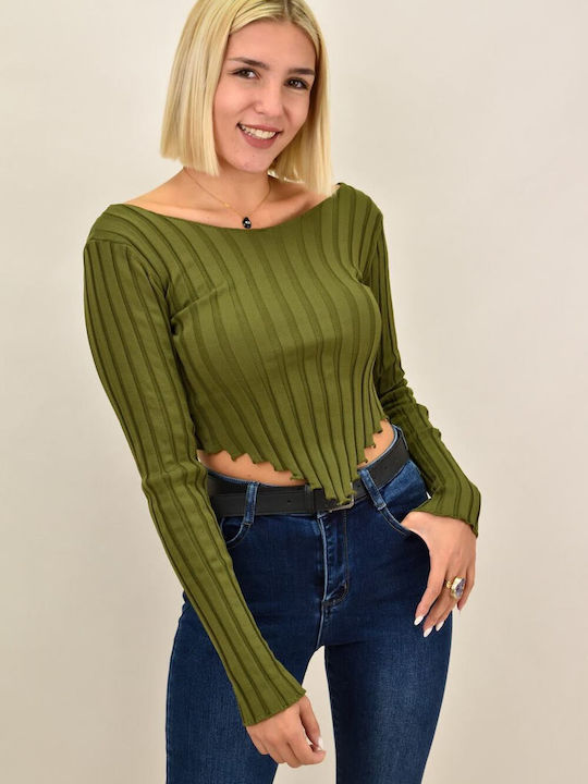 Potre Women's Crop Top Long Sleeve with Boat Neckline Khaki