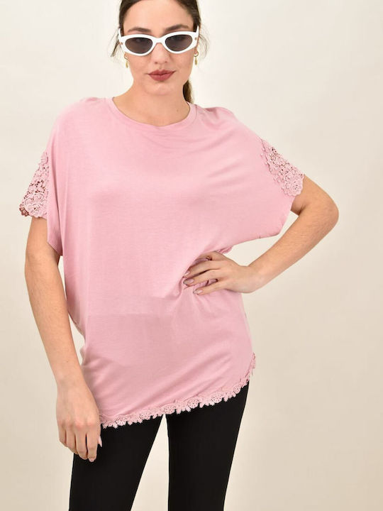 Potre Damen Sommerliche Bluse Baumwoll Kurzärmelig Rosa