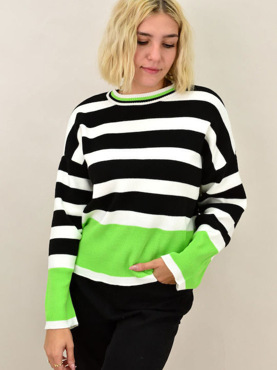 Potre Women's Long Sleeve Sweater Woolen Striped Green