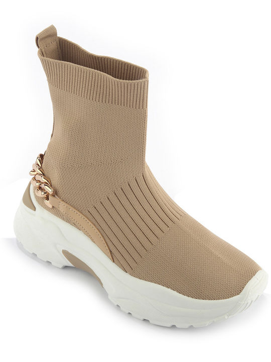 Fshoes Chunky Ankle Boots with Socks Beige